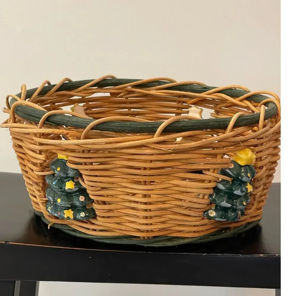 Decorative Round Wicker Holiday Basket with Ceramic Christmas Trees